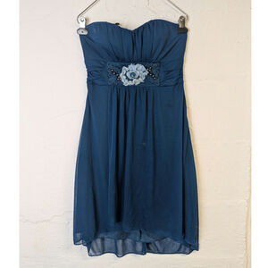 Ruby Rox Strapless Party Dress Size Medium Teal Flowy Flower Embellishment Beads